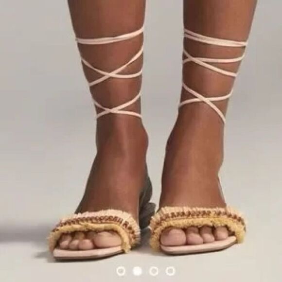 NWOT Anthropologie Embellished Tie Up Pink/Rose Raffia Square Toe Sandals - Picture 1 of 9